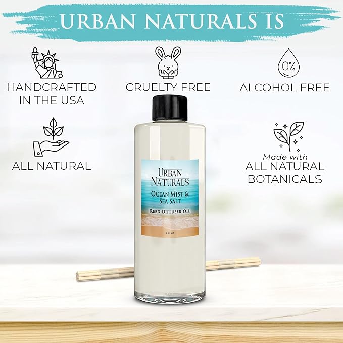 Urban Naturals Reed Diffuser Oil Refill Ocean Mist Sea Salt with Salt Spray, Violet Leaf, Sea Grass, Driftwood 8 oz + Free Reed Sticks, Made in the USA
