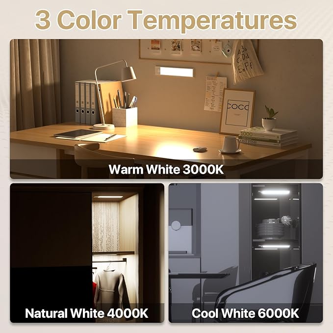 ORALUCE Under Cabinet Lighting Rechargeable Magnetic, 8inch LED Motion Sensor Light Indoor Battery Operated 3 Color Dimmable, Wireless Closet Lights for Kitchen Counter Stairs, 2 Pack