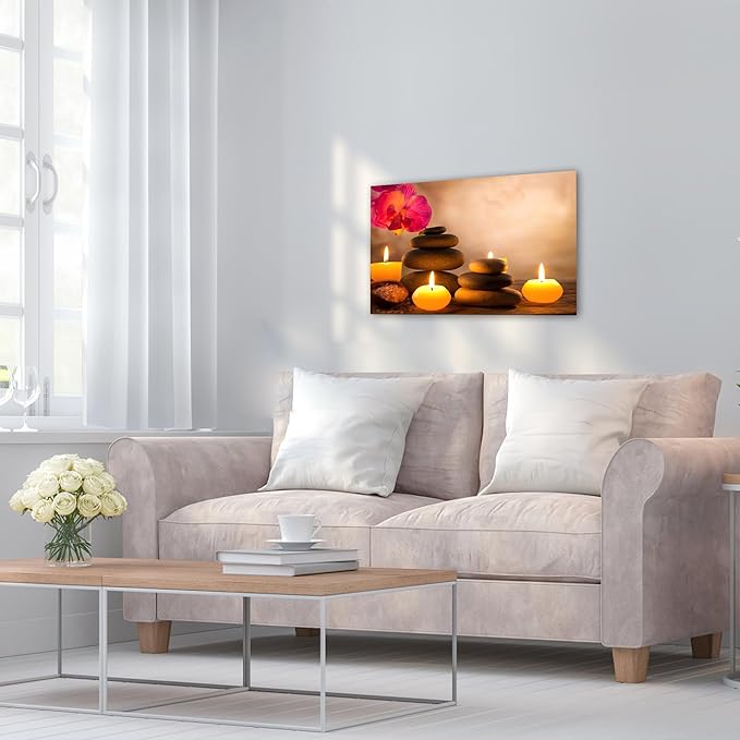 Zen Wall Art Decor, Modern Bathroom Zen Decor Wall Art, Zen Relaxing Canvas Wall Art for Spa Room Decor, Black Pebble and Lighted Candles Zen Art Prints for Office & Spa Wall Decor 12x18 Inches