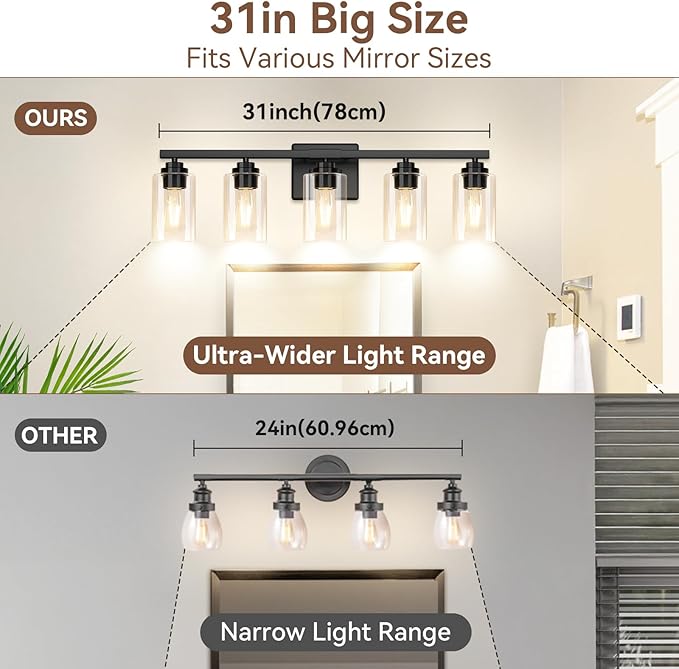 5-Light Matte Black Bathroom Light Fixtures, 31" Modern Vanity Lighting Fixture for Bathroom, Bathroom Vanity Lights Over Mirror with Clear Glass Shades, Wall Lamp for Mirror Living Room Bedroom Porch