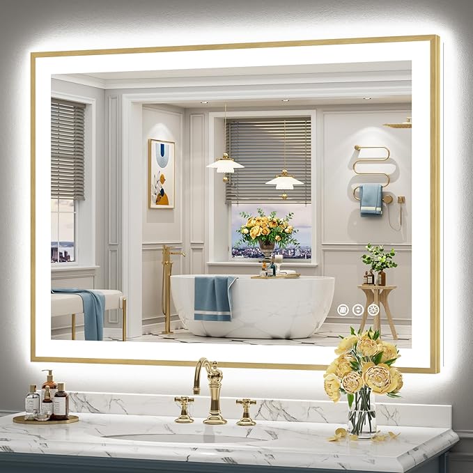 48x36 Gold LED Bathroom Mirror with Lights, Brushed Gold Framed Backlit and Front Lit Anti-Fog Lighted Vanity Mirrors for Bathroom Wall, Dimmable, 3 Colors, Memory, HD Tempered Glass, CRI＞90