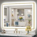 48x36 Gold LED Bathroom Mirror with Lights, Brushed Gold Framed Backlit and Front Lit Anti-Fog Lighted Vanity Mirrors for Bathroom Wall, Dimmable, 3 Colors, Memory, HD Tempered Glass, CRI＞90