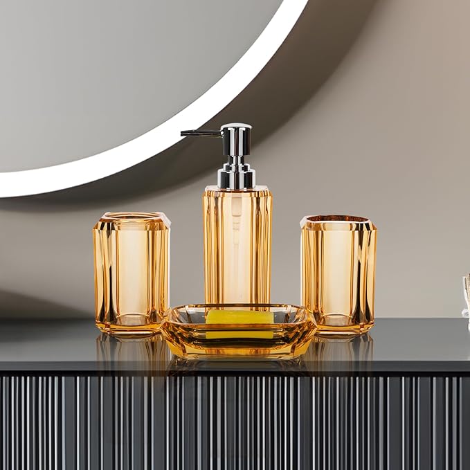4-Piece Elegant Champagne Gold Bathroom Accessories Set — Soap Dispenser, Soap Dish, Mouthwash Cup & Toothbrush Holder, Glossy Acrylic with Champagne Accent, Vanity Countertop Organizer