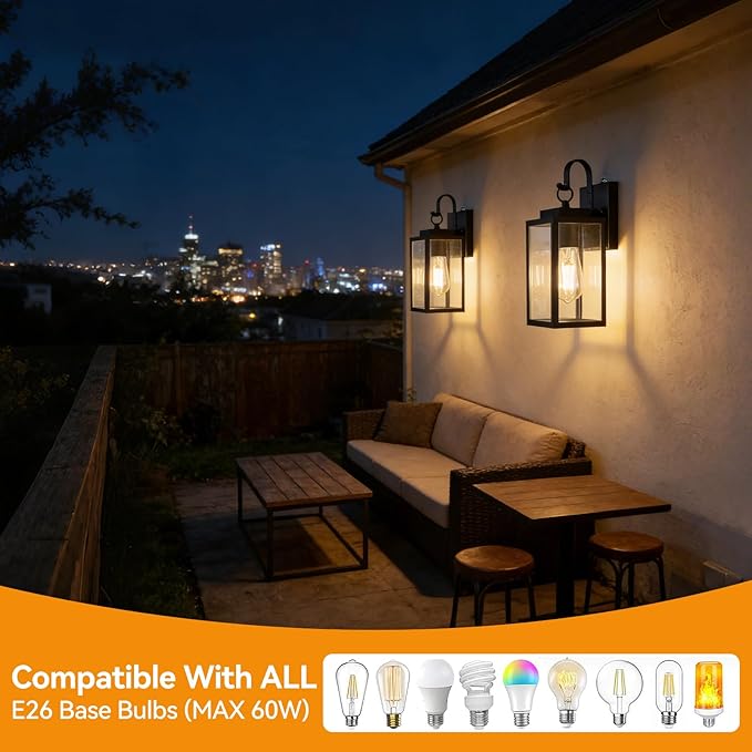 2 Pack 11.8-inch Dusk to Dawn Outdoor Wall Lights, Black Exterior Light Fixture with Clear Tempered Glass, IP65 Waterproof All-Metal Sconce for Porch, Front Door, Garage
