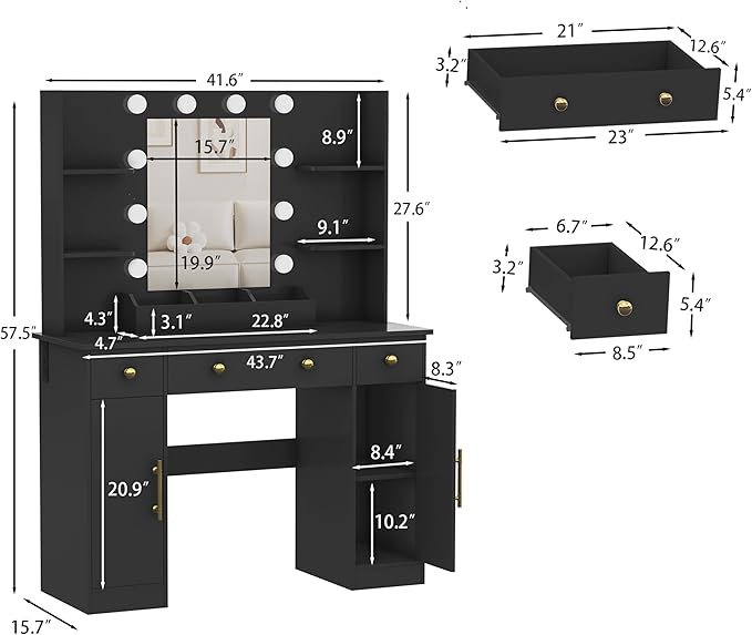 Vanity Desk with Mirror and Lights, Makeup Vanity with Mirror and LED Lights & Power Outlet, 3 Drawers and Cabinets, 3 Lighting Modes Dressing Table Set for Girls Women Bedroom,Black
