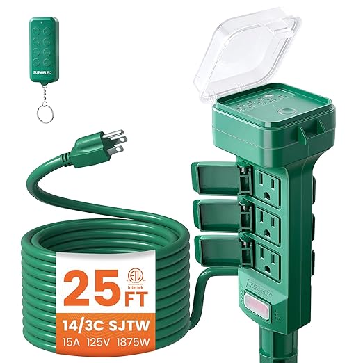 SURAIELEC Outdoor Power Stake Timer Waterproof, 100FT Wireless Remote Control, Dusk to Dawn Timer, 6 Grounded Plug Outlets, 25FT, Power Strip for Christmas Lights, Garden, Patio, Outdoor Light