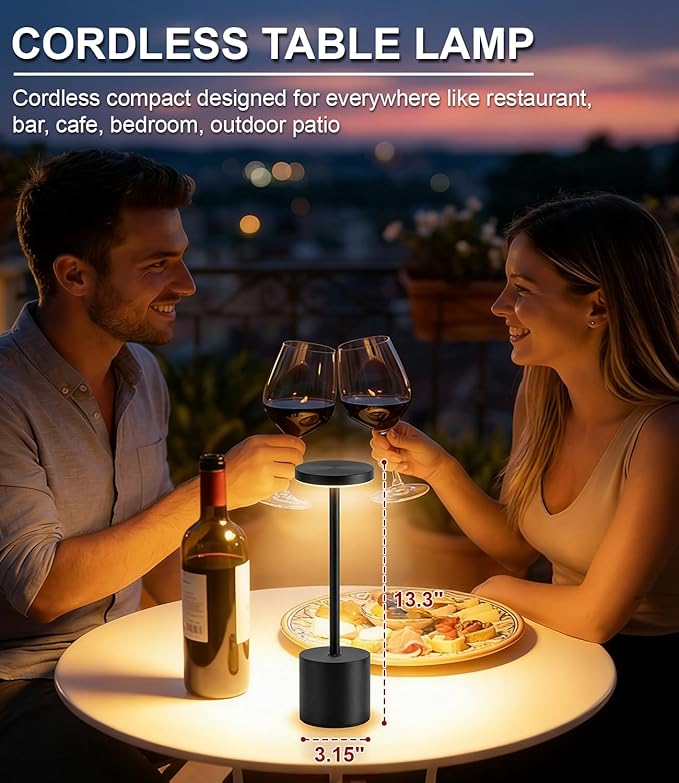 Black Cordless Table Lamp, Rechargeable 5000mAh Battery Powered Wireless Table Light, 3 Color Dimmable Lighting, Patio Outdoor Table Lamp, Bedside Night Lamp, Ambient Light for Dining