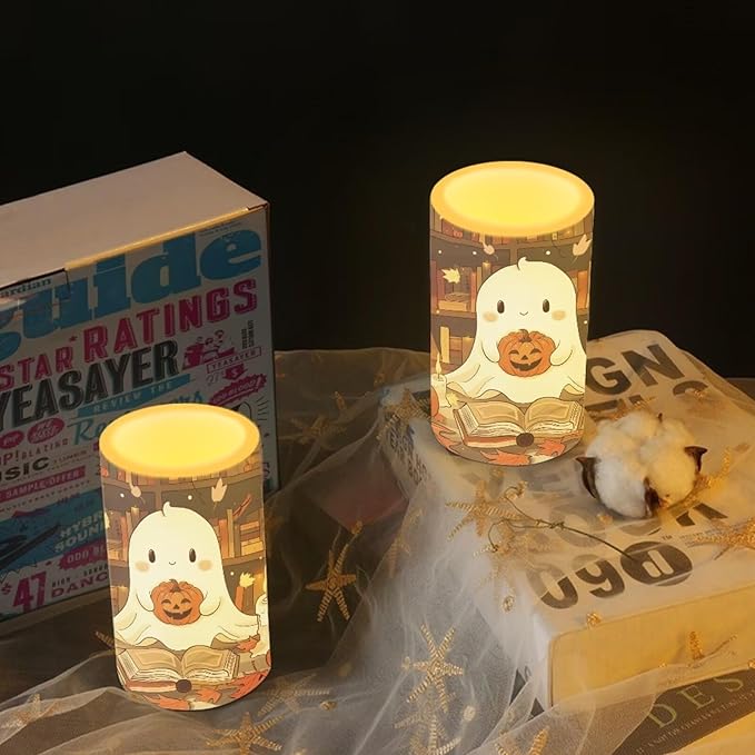 Ghost Pumpkin Battery Candles with Remote Control Flameless Flickering LED Candles for Autumn Thanksgiving Fall Decor Harvest Halloween Party Dining Room Table Centerpiece