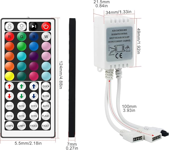 RGBZONE 4PIN RGB LED Controller, 2 Ports Low Voltage LED Controller, 44-Keys Wireless IR Remote Control, DC12V-24V 5050 2835 3528 LED Strip Lights