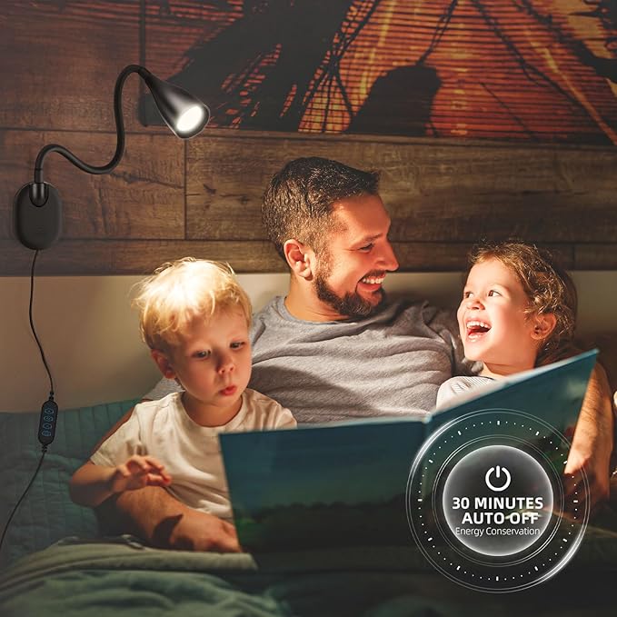 Wall-Mounted LED Bedside Reading Light with USB Charging Port, 10-Level Dimmable & Adjustable 5 Color, Plug-in Adhesive Night Lamp for Books in Bed, Eye-Caring Bedroom Lighting (Black 2 Pack)