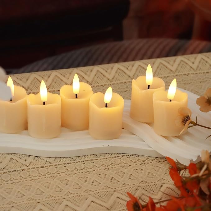 Set of 6 Flameless Votive Candles with Timer (5 Hour) Realistic Black Wick Battery Operated Candles Dripping Flickering LED Tealights for Wedding Party Holiday Christmas Halloween Decoration