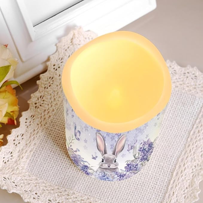 Easter Bunny Purple Floral Plastic Flameless Candles with Remote Control and Timer LED Flickering Battery Electric Pillar Candles for Table Easter Decoration