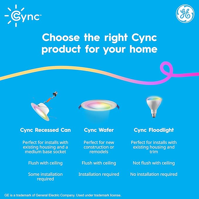 GE Cync Reveal HD+ Smart LED Recessed Downlight Fixture, Color Changing LED Light, Works with Alexa and Google Home, Matter Compatible, Ceiling Light Fixture, 6 Inch (3 Pack)