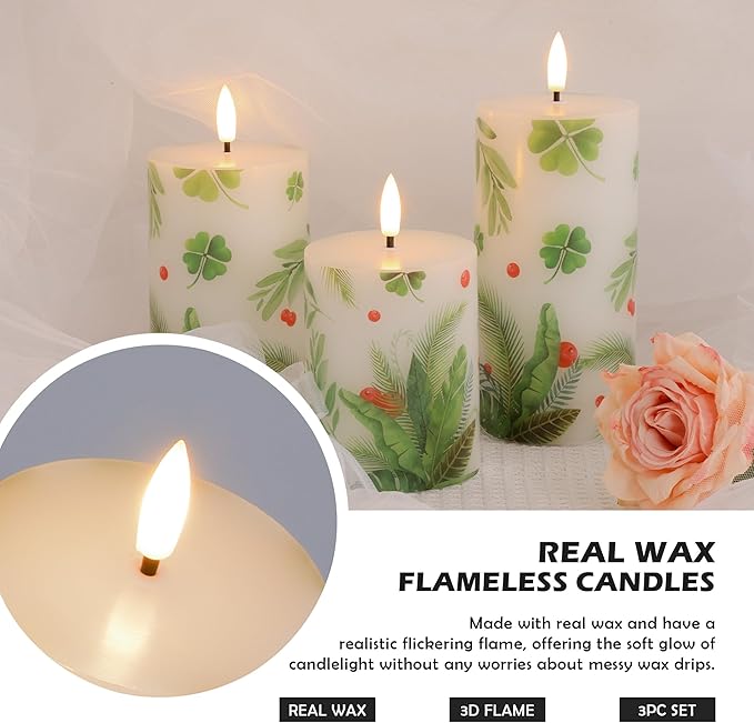 Flameless Pillar Candles with Remote, 3 Pack Battery Operated Real Wax Green LED Candles, Perfect for Spring Summer Home Decorations Fireplace Table, Shamrock
