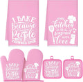 Sratte 6 Pcs Kitchen Decor Accessories Set Farmhouse Towels Pot Holders Oven Mitts Set 2 Dish Towels 2 Potholders 2 Cooking Mittens Oven Glove for Baking Cooking(Light Pink,Kitchen)