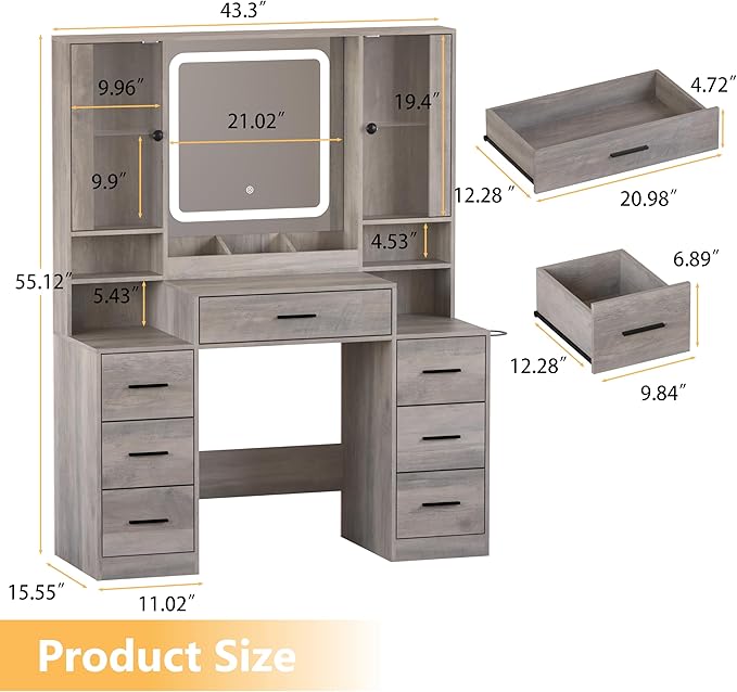 Grey Makeup Vanity Desk with Mirror & Lights, Modern Vanity Table with Charging Station, 7 Drawers, Glass Cabinet, Adjustable Shelves, Bedroom Dressing Table Set for Women & Girls