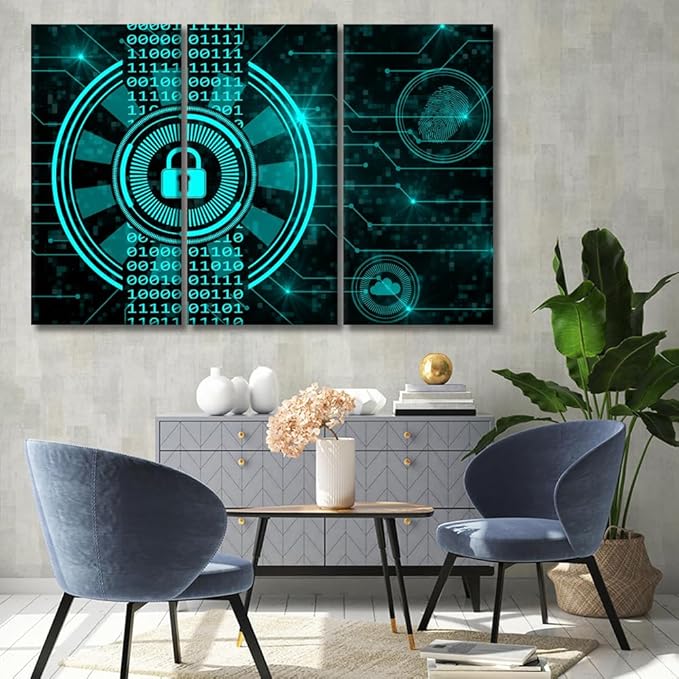 Cloud Services Painting for Living Room Decoration, 3 Panels Secure Technology Concept Padlock Binary Code Hud Poster Prints on Canvas Wall Art for Living Room Bedroom Decoration,20x40inchx3