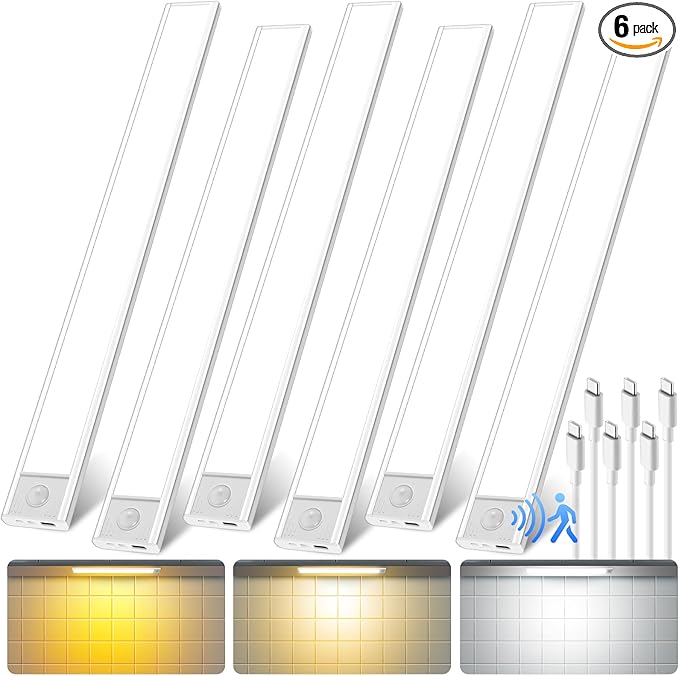 16 inch Under Cabinet Lighting, 80 LED Motion Sensor Closet Light, 1500mAh Rechargeable Battery Dimmable 3 Color Temperature Magnetic Wireless for Kitchen, Shelf, Stairs, Wardrobe, 6 Pack
