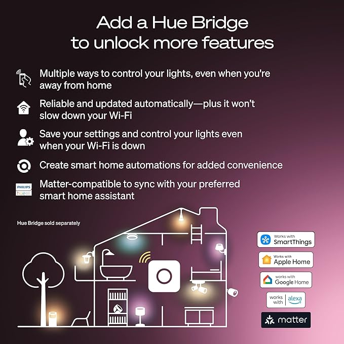 Philips Hue Smart LED A19 Bulb, 3 Pack, White & Color Ambiance, E26 Base, 7.2W, Full Spectrum Light 1000K-20000K, 810 Lumens, Dimmable LED Bulbs, Works with Alexa, Google,& Apple Home
