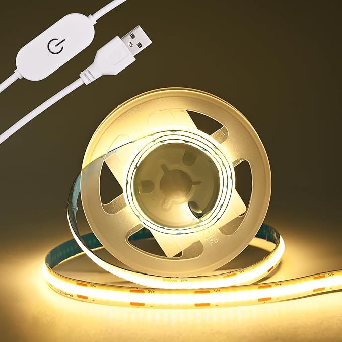 COB LED Strip Light 5V USB Tape 320LED/m Dimmable LED Strip Light USB TV Backlight Flexible Under Cabinet Tape Light for Bedroom,Kitchen,Home DIY Lighting (3000K, 3.28FT)