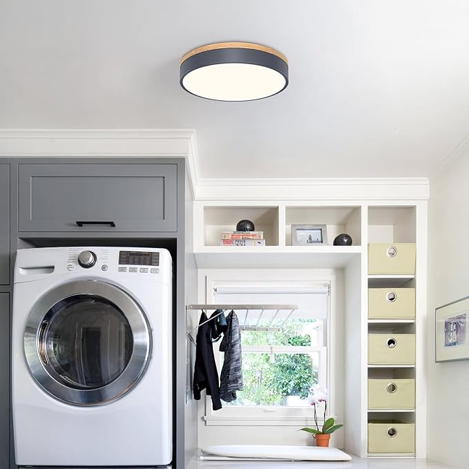 Dimmable Wood Oak Ceiling Light Fixture Modern Gray LED Flush Mount Ceiling Light 5CCT Minimalist Circle Close to Lighting Fixture for Bedroom Kitchen Bathroom Laundry Room 11.81 Inch