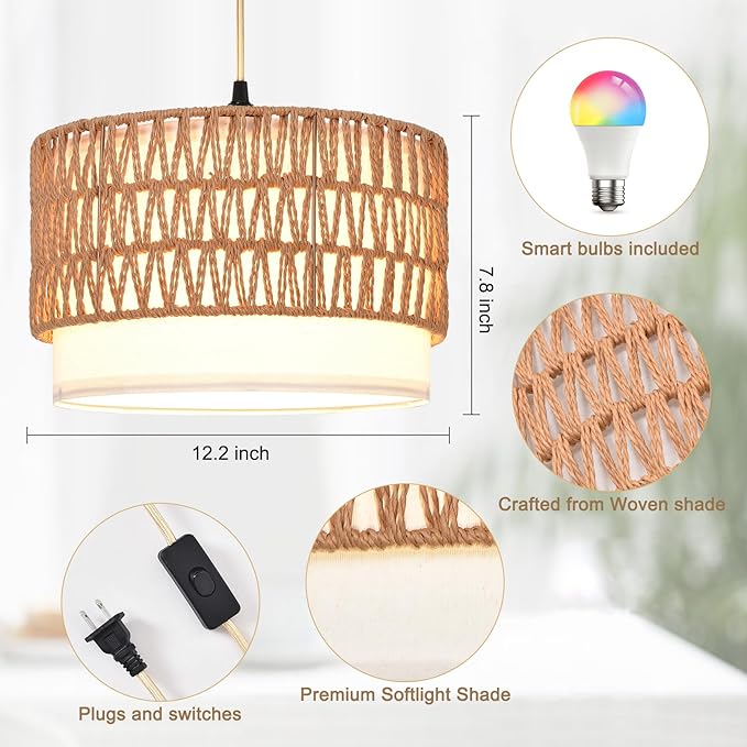 Hanging Lamp Plug in Pendant Light, 15FT Hanging Lights with Plug in Cord, Hanging Light with Bulb and Remote, Hanging Lamps for Bedroom, Living Room, Kitchen, Farmhouse