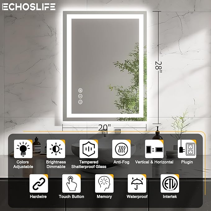 20"x28" LED Bathroom Mirrors for Wall, Front and Backlit Mirror, Anti-Fog Vanity Mirror with Lights, Stepless 3 Colors Dimmable Smart Lighted Mirror(Horizontal/Vertical)