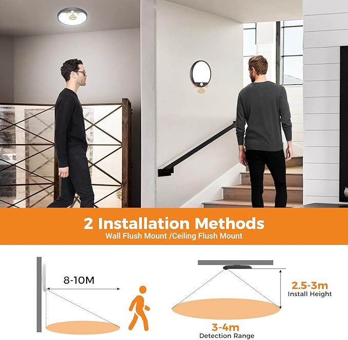 slochi Motion Sensor Light Indoor Hardwired PIR, 3000K/4000K/6500K LED Closet Lights Motion Sensored, 15W 1500LM 7 in, Timer, Motion Activated Flush Mount Ceiling Light for Hallway Wall Pantry, Black