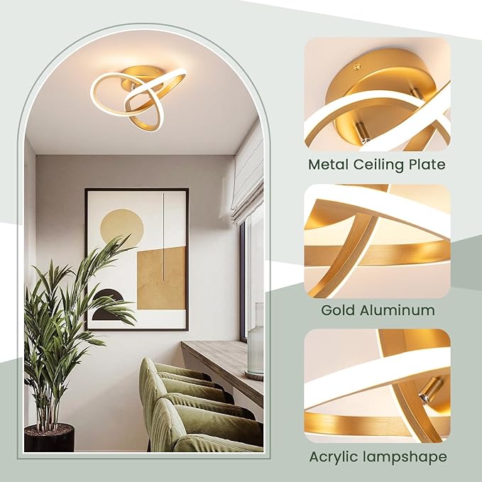 Gold Hallway Ceiling Light Fixtures 3000K-6000K Dimmable LED Ceiling Light with Remote Control Modern Flush Mount Ceiling Lights for Bedroom Bathroom Kitchen Balcony Stair Aisle Ceiling Lamp (Gold)