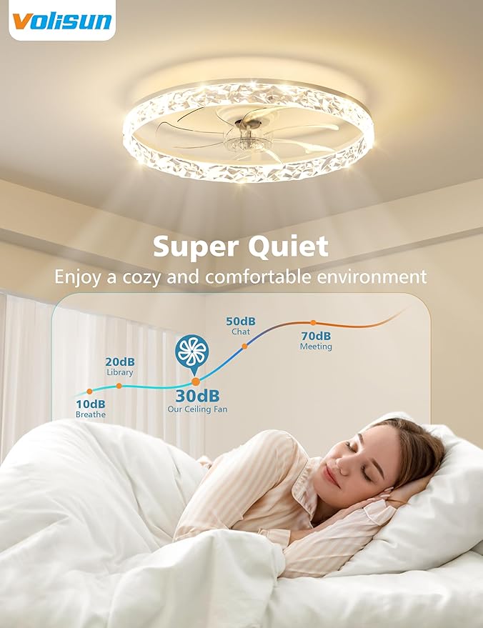 VOLISUN Low Profile Ceiling Fan with Lights and Remote, 24in Modern Ceiling Fans Flush Mount, 3000K-6500K Dimmable Bladeless LED Fan Light, White Fandelier Ceiling Fans with Lights for Bedroom