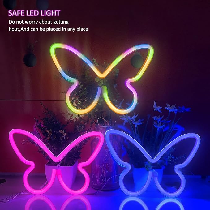 BRIGHTDECK 3 Pcs Butterfly Neon Signs, Neon Light for Bedroom, USB or 3-AA Battery Powered LED Neon Signs Wall Decor, Neon Lights for Birthday Gift, Wedding, Party, Home Decor (Pink, Blue, Colourful)