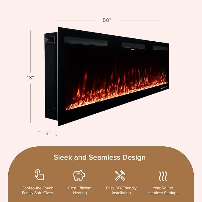 Modern Ember Vibrance 50 Inch Smart Linear Electric Fireplace Insert - Recessed or Wall-Mount, LED Multi-Flame Colors, Alexa/WiFi Enabled - Remote Included - Crystals