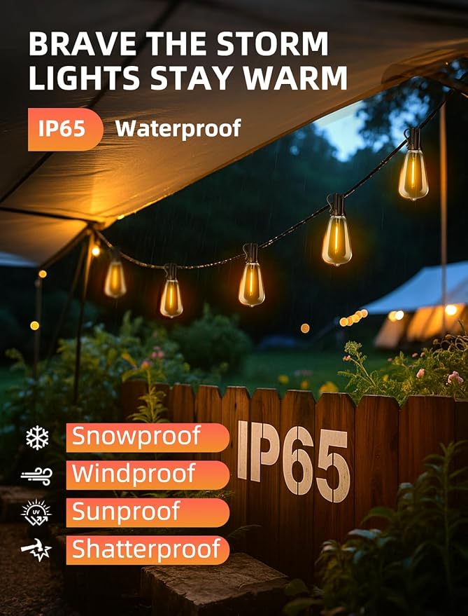 Outdoor Patio String Lights 100ft: ST38 LED Shatterproof Bulbs 3 Modes Button Control - Waterproof Connectable Lights - Wedding Bistro Party Gazebo Backyard Decorative