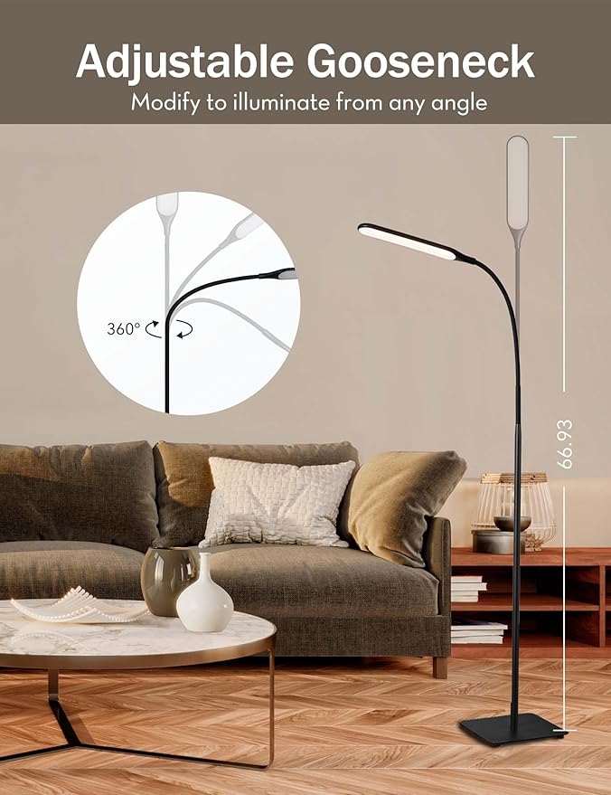 Nopoor LED Floor Lamp, 4 Brightness Levels & 4 Colors Dimmable Floor Lamp Modern Standing Light Adjustable Gooseneck Task Lighting for Reading Living Room Bedroom Office Piano (Black)