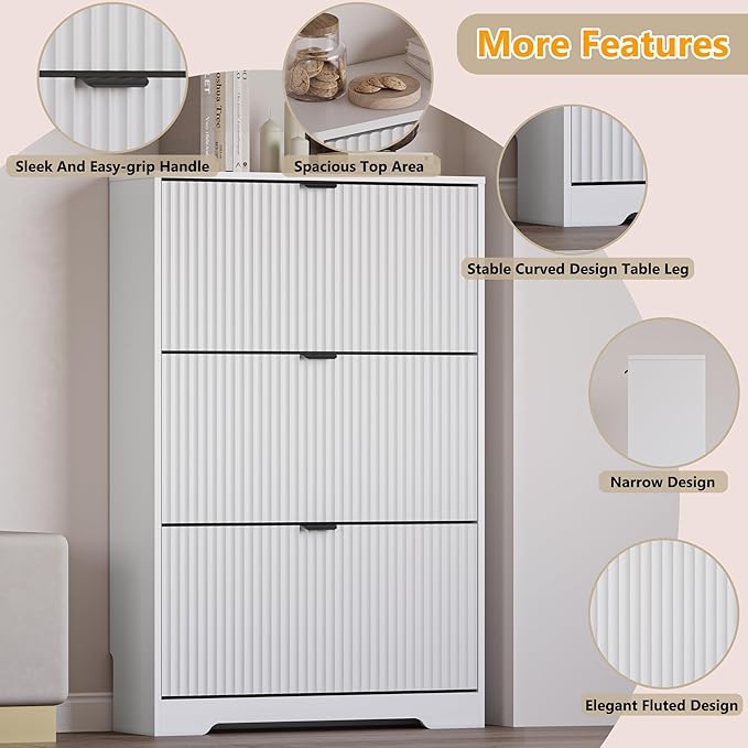Entryway Shoe Cabinet with 3 Flip Drawers, Narrow Shoe Organizer Cabinet with Fluted Panel and Adjustable Shelves for Foyer, Hallway