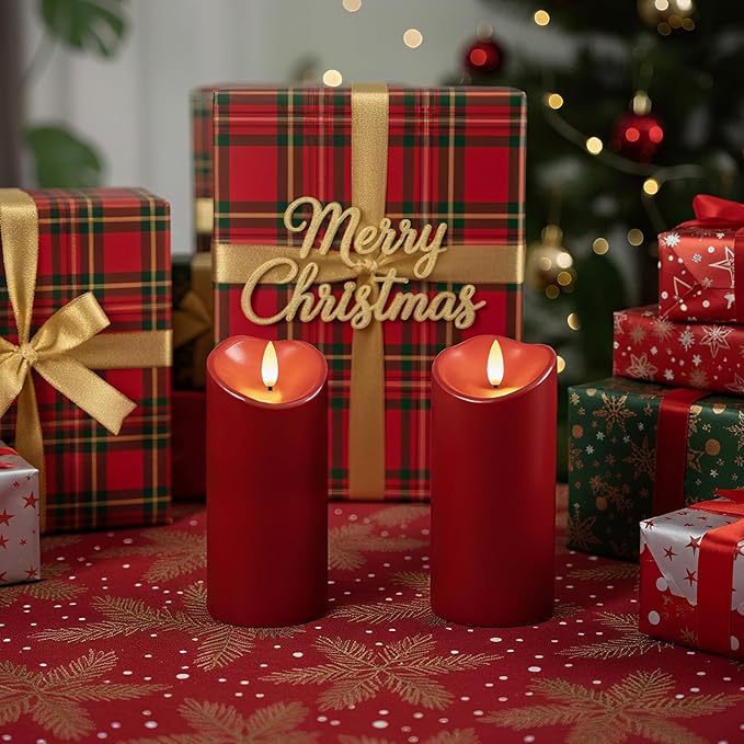 Raycare 8"x3" Outdoor Waterproof Flameless Candles with Remote and Timer, Battery Operated LED Electric Fake Pillar Candle for Valentine's Day, Home, Wedding Decor, Red, Set of 2