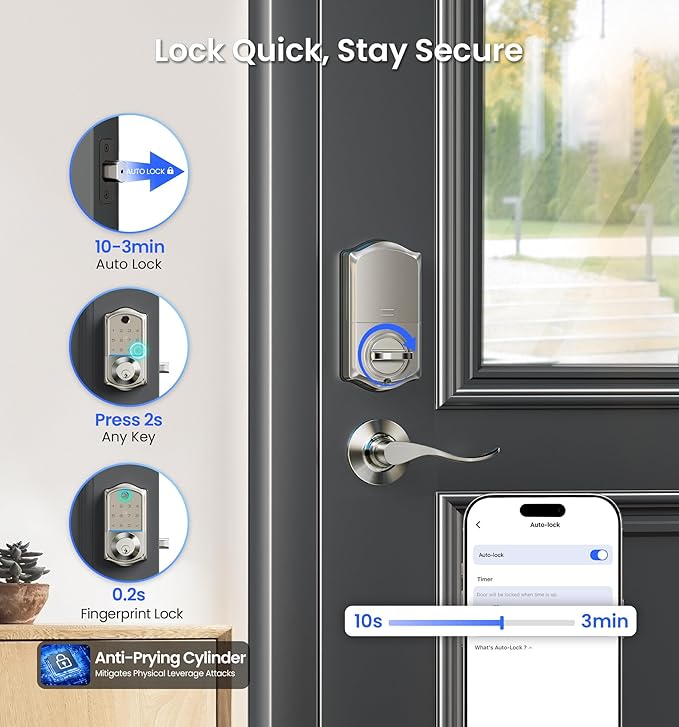 Veise VE017-L Fingerprint Smart Lock with Lever Handles, App Control, Keyless Entry Front Door Lock Set, Electronic Digital Keypad Deadbolt, Remote Grant, Emergency Power Port, Auto Lock, Satin Nickel