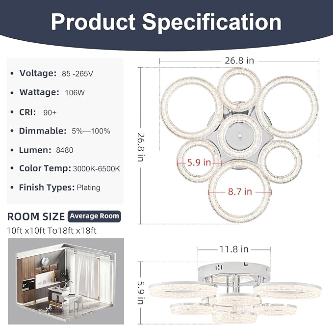 OKELI Modern Ceiling Light, 7 Rings 23'' Dimmable LED 106W Flush Mount Ceiling Lights with Remote Acrylic Crystal Round Ceiling Light Fixture, Bedroom Living Room Dining Room, Chrome