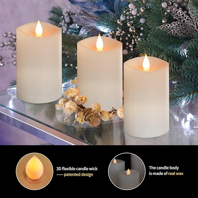 3" x 5" White Flameless Candles Set of 3, 2AA Battery Life 600 Hours Battery Candles Flickering with Timer, 5 inch Flameless Candles with Remote for Indoor/Outdoor