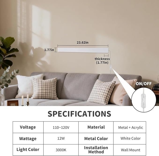 Modern Plug in Wall Sconces, 23.6 inch Frosted White LED Long Wall Lights, 12W Warm White 3000K Acrylic Indoor Wall lamp,with 59" Plug Cable for Bedroom, Living Room, Bathroom Makeup, Hallway