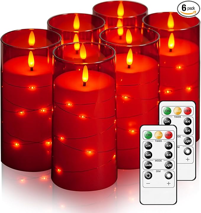 Flickering Flameless Candles with Remote Timer, 6pcs LED Battery Operated Candles with Embedded String Lights Red, Same Size D3 H6
