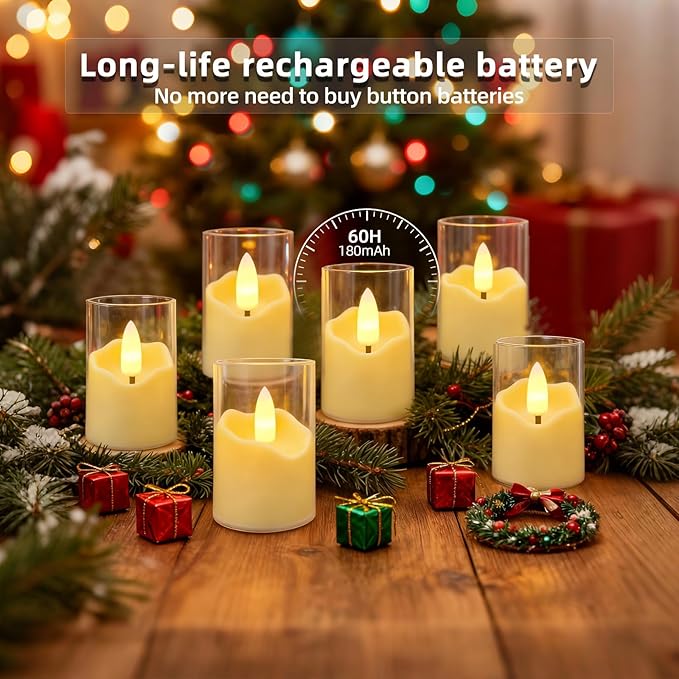 Rechargeable White Acrylic Flameless Tea Light 1.7"x2.5" with Remote Control & Timer, Flickering Warm White LED Votive Candles for Home, Wedding, Holiday Decor (Pack of 6)
