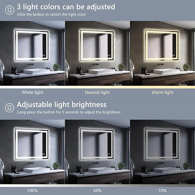 Led Bathroom Mirror with Light 40"x32" Frameless Lighted Vanity Mirror Wall Mount, Fogless, 3 Color Mode, Stepless Dimmable Front Light and Backlit, Smart Touch Sensor, Tempered Glass