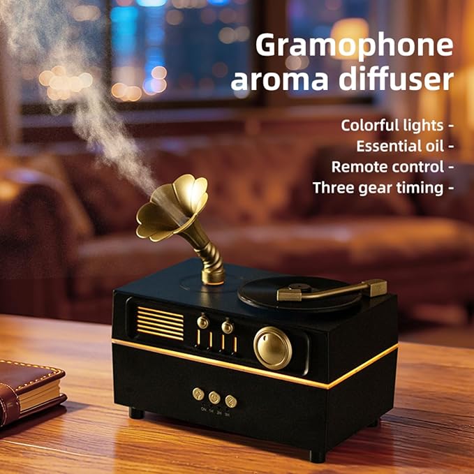 Daroma Essential Oil Diffuser, Retro Phonograph Design with Music Player, 7-Color LED Lights, Low-Noise Aromatherapy Humidifier for Home Office, Unique Gift Idea (Black)