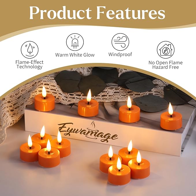 Eywamage Orange LED Tealights with Remote Batteries, Flickering Flameless Tea Votive Candles Decor Set of 12
