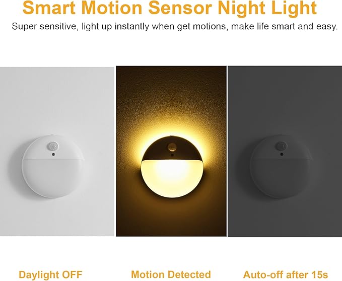 2 Pack Motion Sensor Night Light, Gold Yellow, 3 Lighting Modes, Stepless Dimming, Battery-Powered, Dimmable LED, Suitable for Bedroom, Bathroom, Stairs, Corridors, Closets