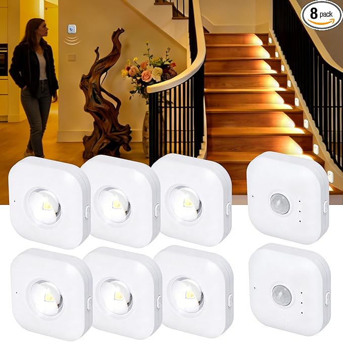 6 Pack Motion Sensor Stair Lights with 2 Separate Sensors-50FT Wall-Penetrating Remote & All Lights On Together,3CCT&Dimmable Step Lights,Wireless Stick On Lights for Hallway,Basement,Bathroom