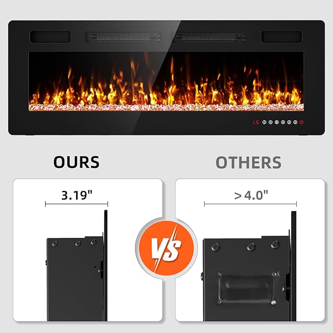 50” Electric Fireplace Recessed and Wall Mounted Fire Places with Remote Control, Touch Screen