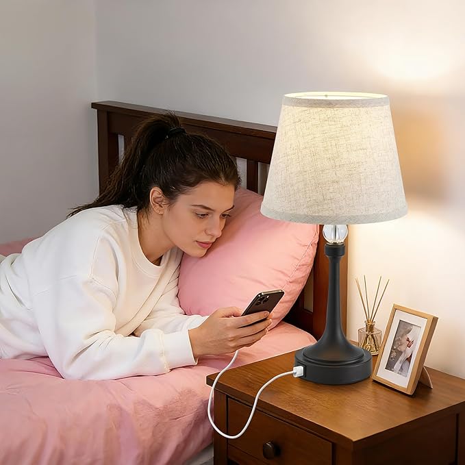 19.7'' Touch Table Lamps for Living Room, Small Lamp for Bedroom with USB C+A Ports, Dimmable Touch Lamps Set of 2, Reading Desk Lamp for Office, Metal Bedside Lamps, Bulbs Included, Black