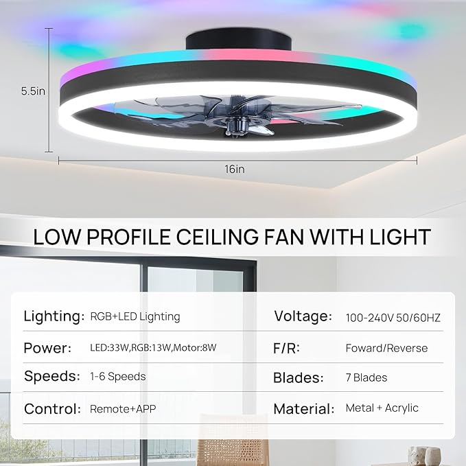16 Inch RGB Low Profile Ceiling Fans with Lights, Modern Flush Mount Fandelier Chandelier Fixture, Remote & APP Control, Black LED Ceiling Fan Light for Bedroom, Living Room, Kitchen Indoor